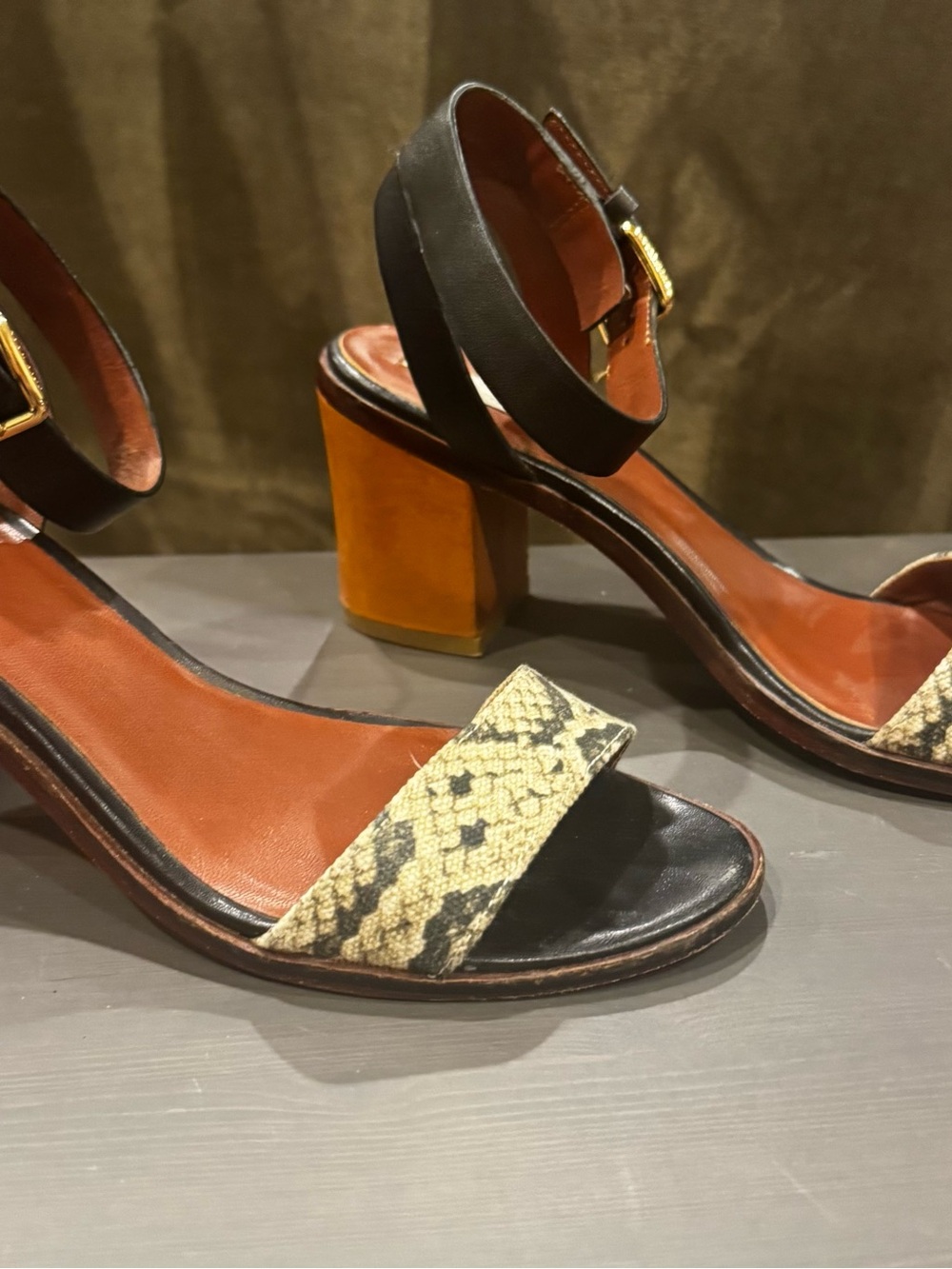 Cole Haan Grand.OS Leather Snake Print Block Heel Sandals Size 5B